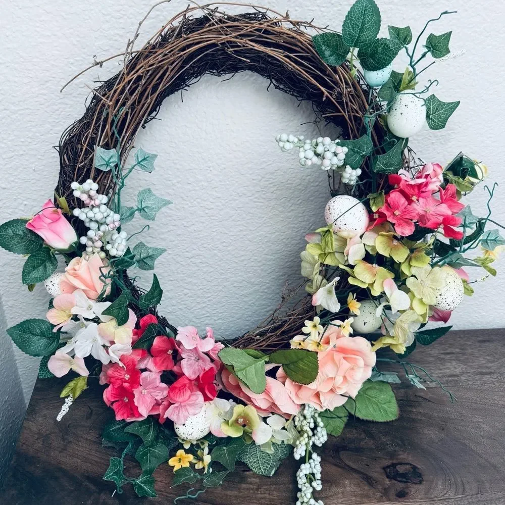 Spring Easter Egg Pink Floral Greenery Wreath